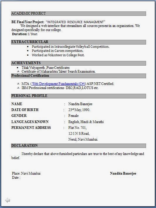 Sample resume models for freshers